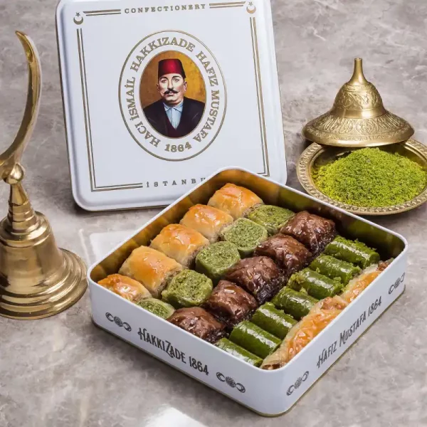 Mixed baklava by Hafez Mustafa in a metal box