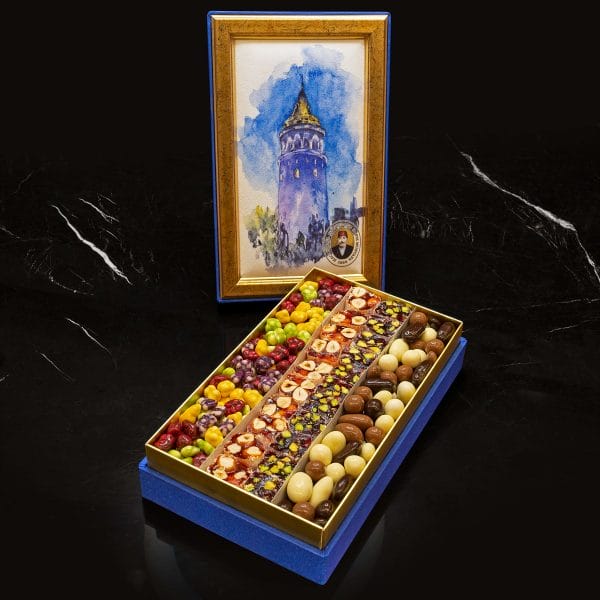A box of lokum and dragee chocolate with the Galata Tower drawing by Hafez Mustafa