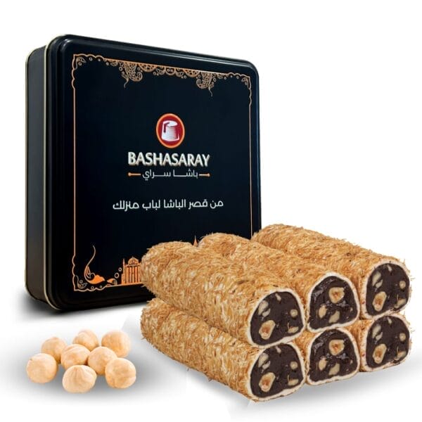 حلقوم تركي مزين بالكنافة محشو بالبراوني والبندق