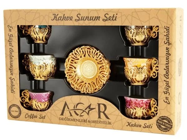 Colorful Turkish coffee cups made of marble, golden color