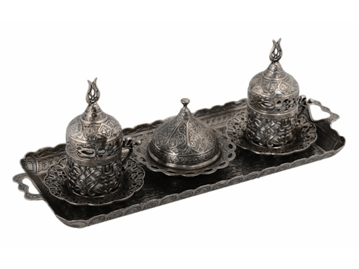 Turkish coffee set with candy box and serving plate, gray color, in a distinctive and unique way to enjoy. Fast shipping from Bashasaray to your door. Order now