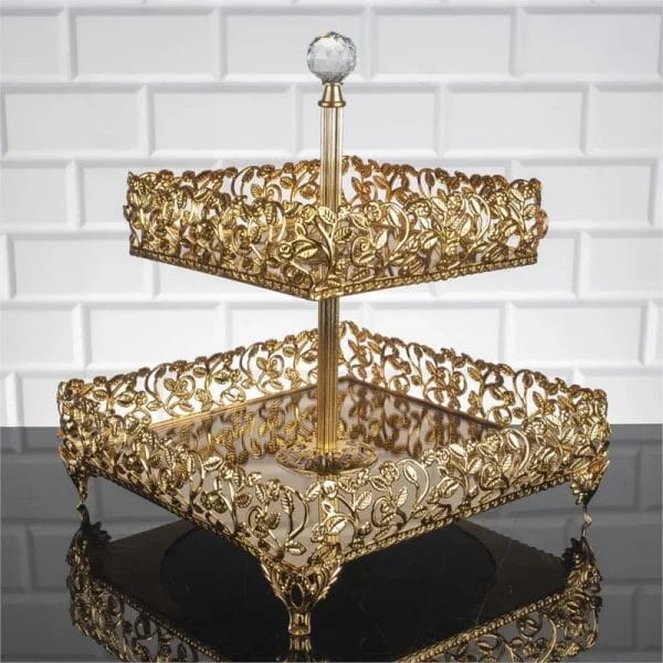 Roza Two Tier Cube Serving Platter | Golden Color