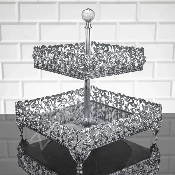 Roza Two Tier Cube Serving Platter | Silver Color
