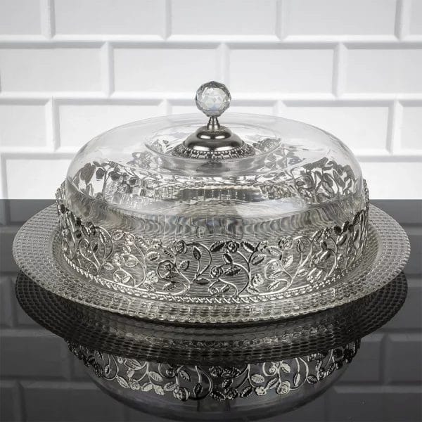 Roza Glass Cake Plate with Lid | Silver Color