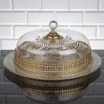 İnci Glass Cake Plate with Cover | Golden and Silver Color