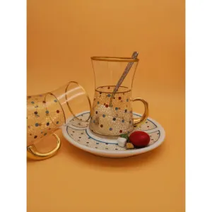 Turkish Tea Set:Transparent with dotted pattern and gold frame