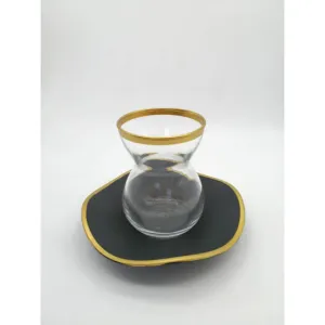 Turkish Tea Set | 12 Pieces | Transparent with Black Saucer and Gold Trims