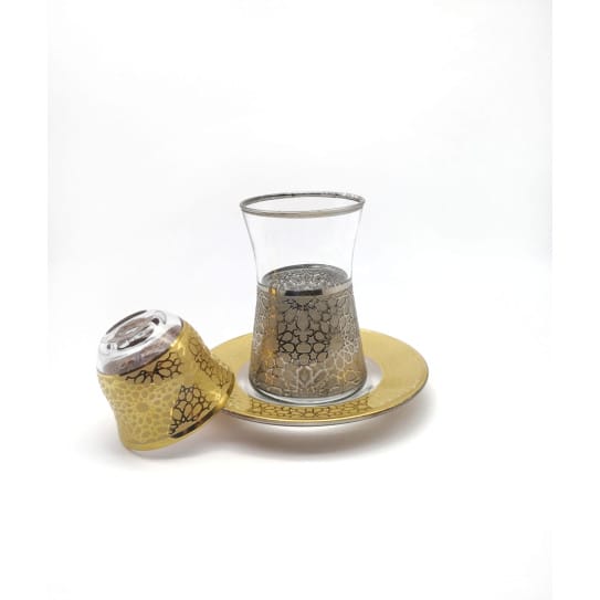 Turkish Tea Set | 18 Pieces | Transparent Black with Gold Frame