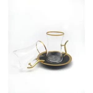 Turkish Tea Set | 12 Pieces | Transparent with Black Saucer and Golden Frame