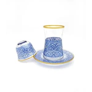 Tea Set | 18 Pieces | Transparent Blue with a Golden Frame