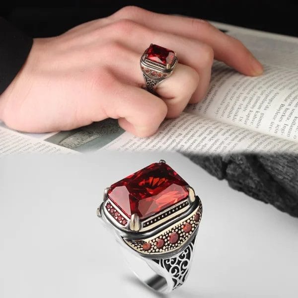 خاتم رجالي من الفضة الإسترليني عيار 925 بحجر الزركون الأحمر