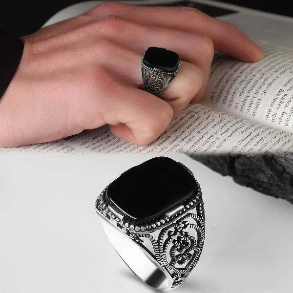Men's Sterling Silver Ring, 925 Carats, with Black Agate Stone