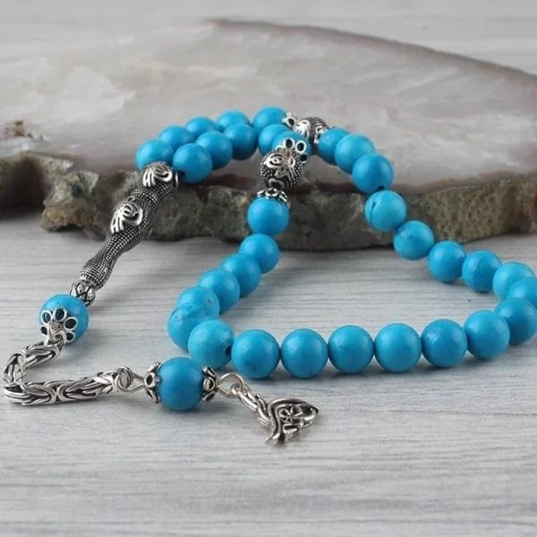 سبحة رجالي من حجر الفيروز الطبيعي وأمام فضة 925 وزخارف عليها التوقيع الملكي العثماني 