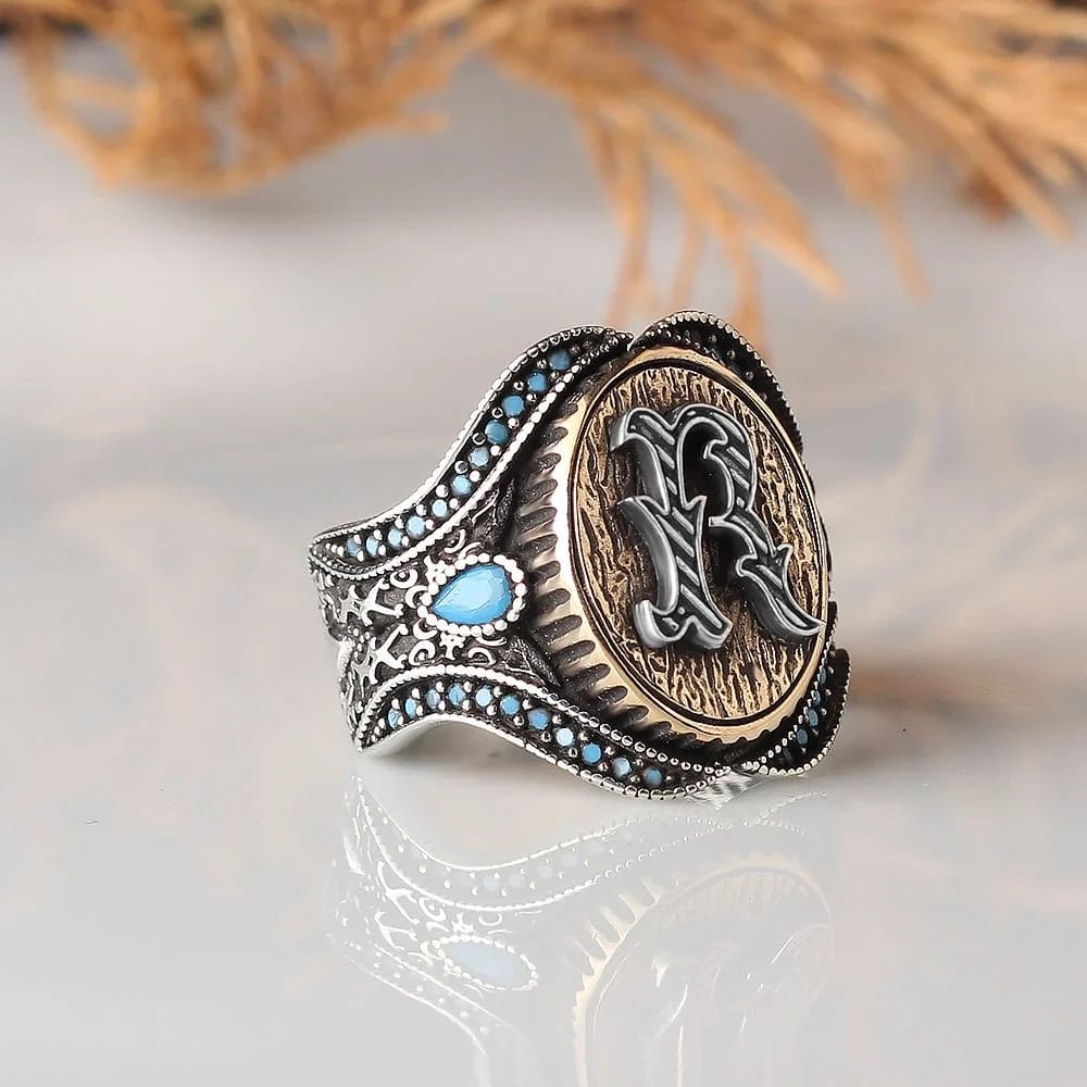 خاتم رجالي من الفضة الإسترليني عيار 925 بأحرف مخصصة