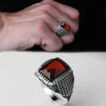 خاتم رجالي فضة عيار 925 بحجر الزركون الأحمر