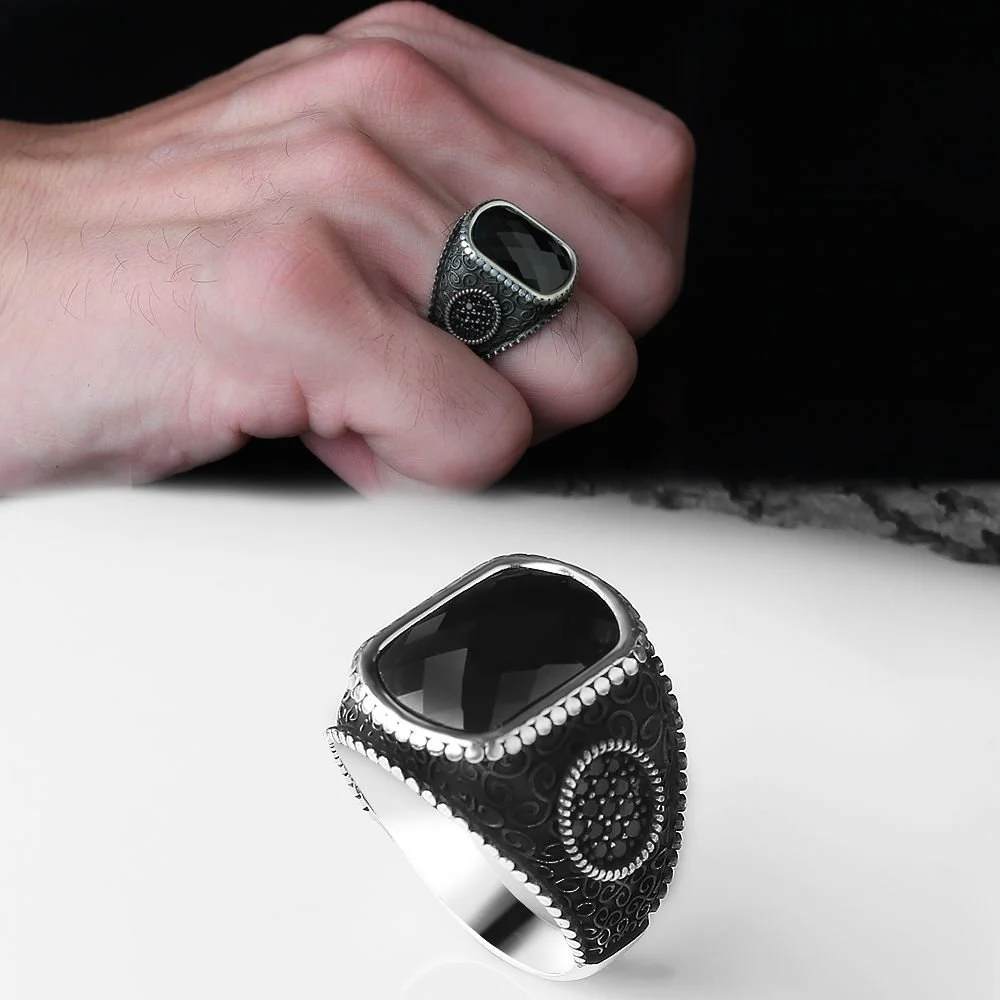 Men's sterling silver ring with black zircon stone 925 grade