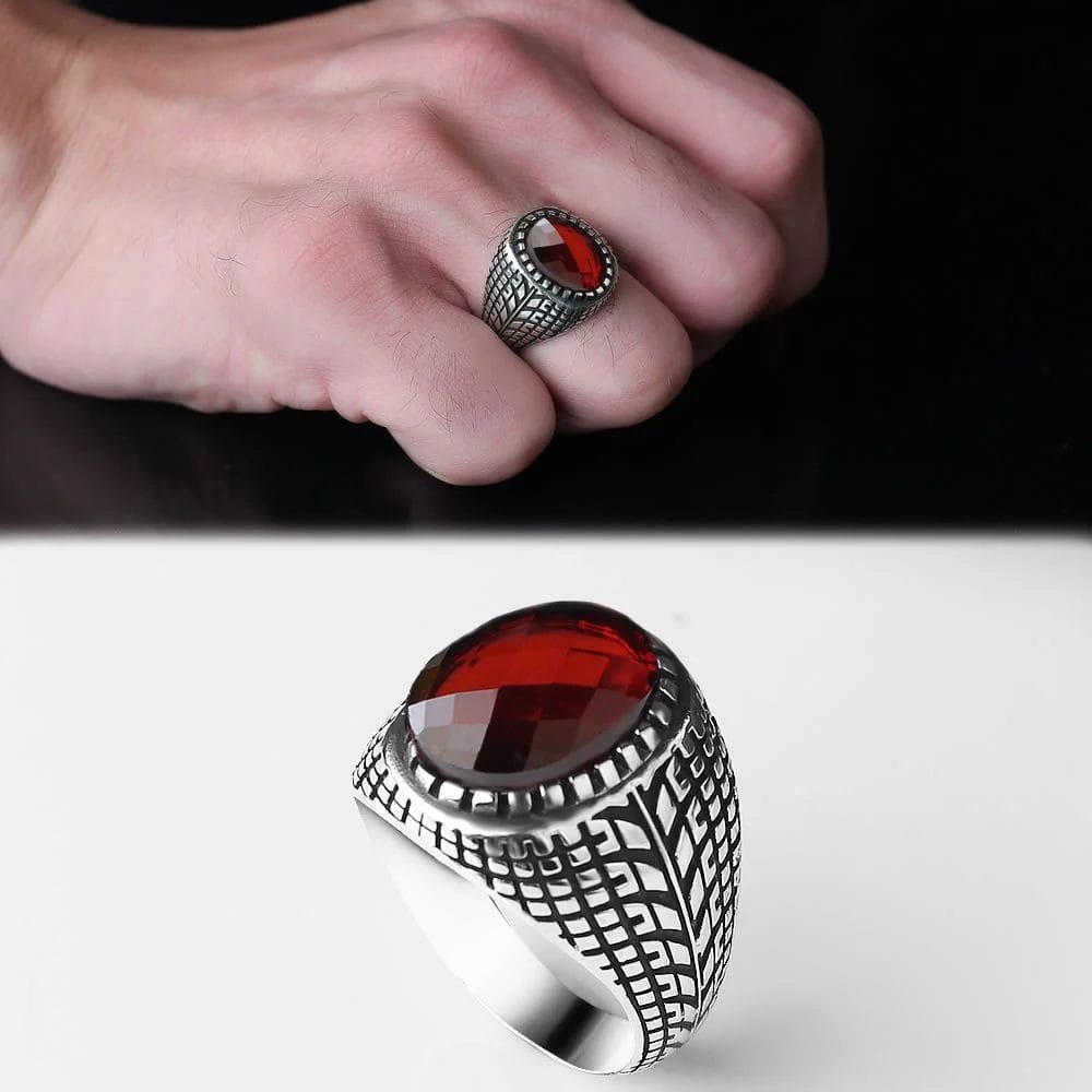 Men's 925 Sterling Silver Ring with Red Zircon Stone