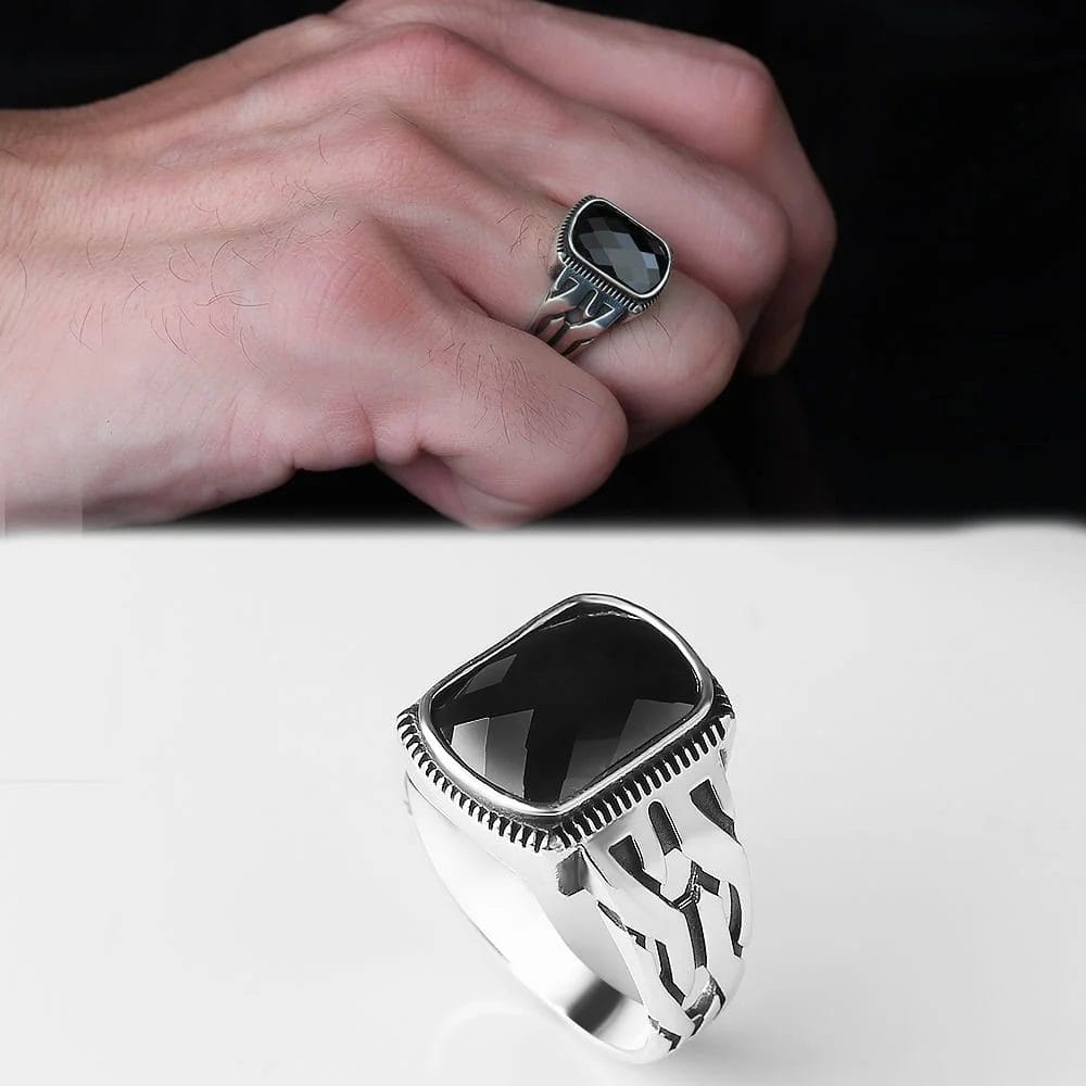 Men's 925 Sterling Silver Ring with Black Zircon Stone