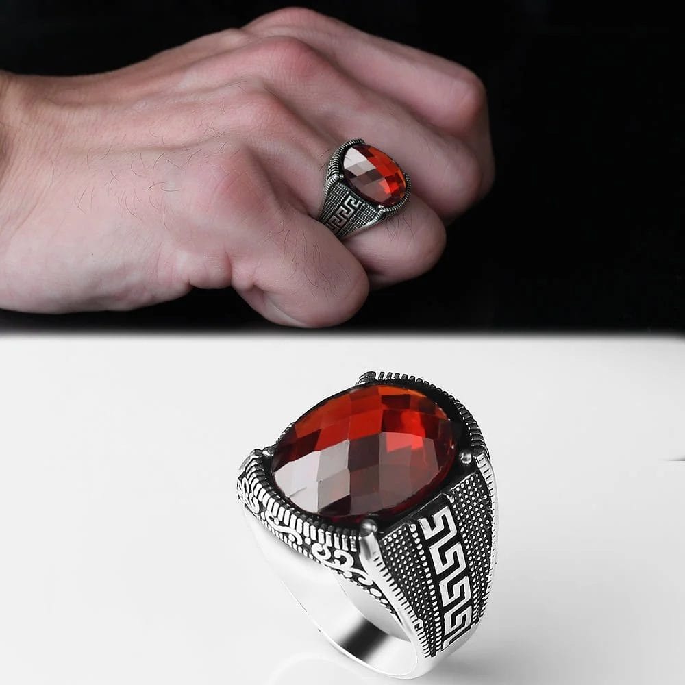 Men's 925 Sterling Silver Ring with Red Zircon Stone