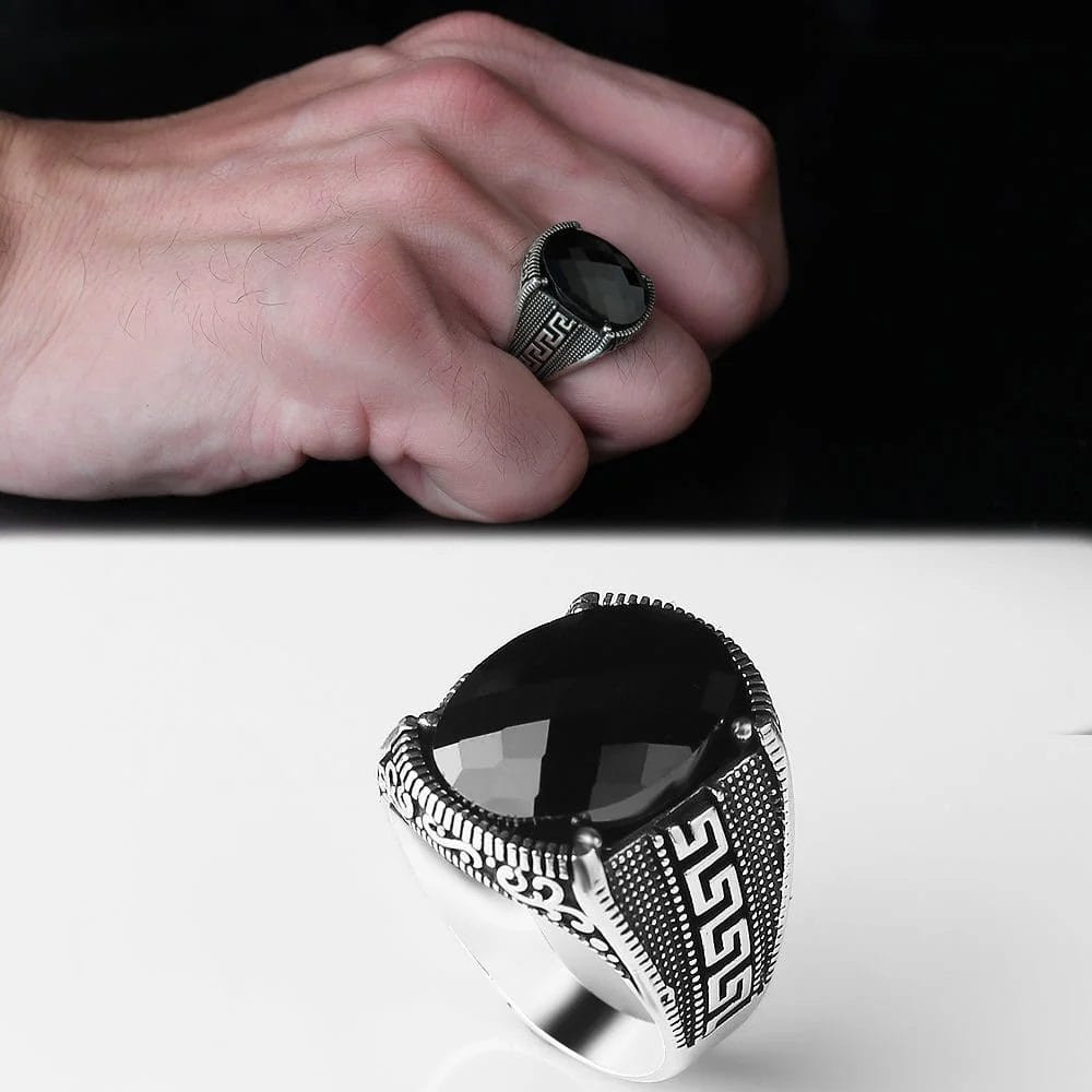 Men's 925 Sterling Silver Ring with Black Zircon Stone