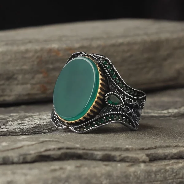 Men's 925 Sterling Silver Ring with Green Agate Stone