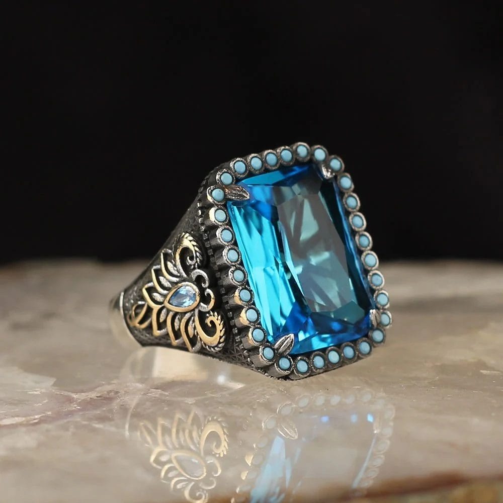 Men's 925 Sterling Silver Ring with Blue Zircon Stone