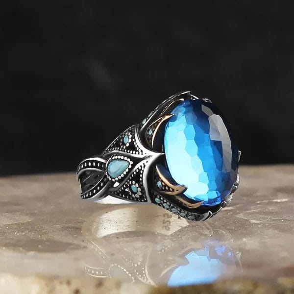 Men's sterling silver ring, 925 purity, with a blue aquamarine stone