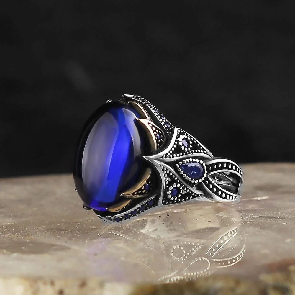 Men's silver ring, 925 purity, with blue zircon stone