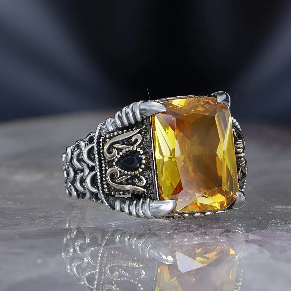Men's sterling silver ring with a golden citrine stone