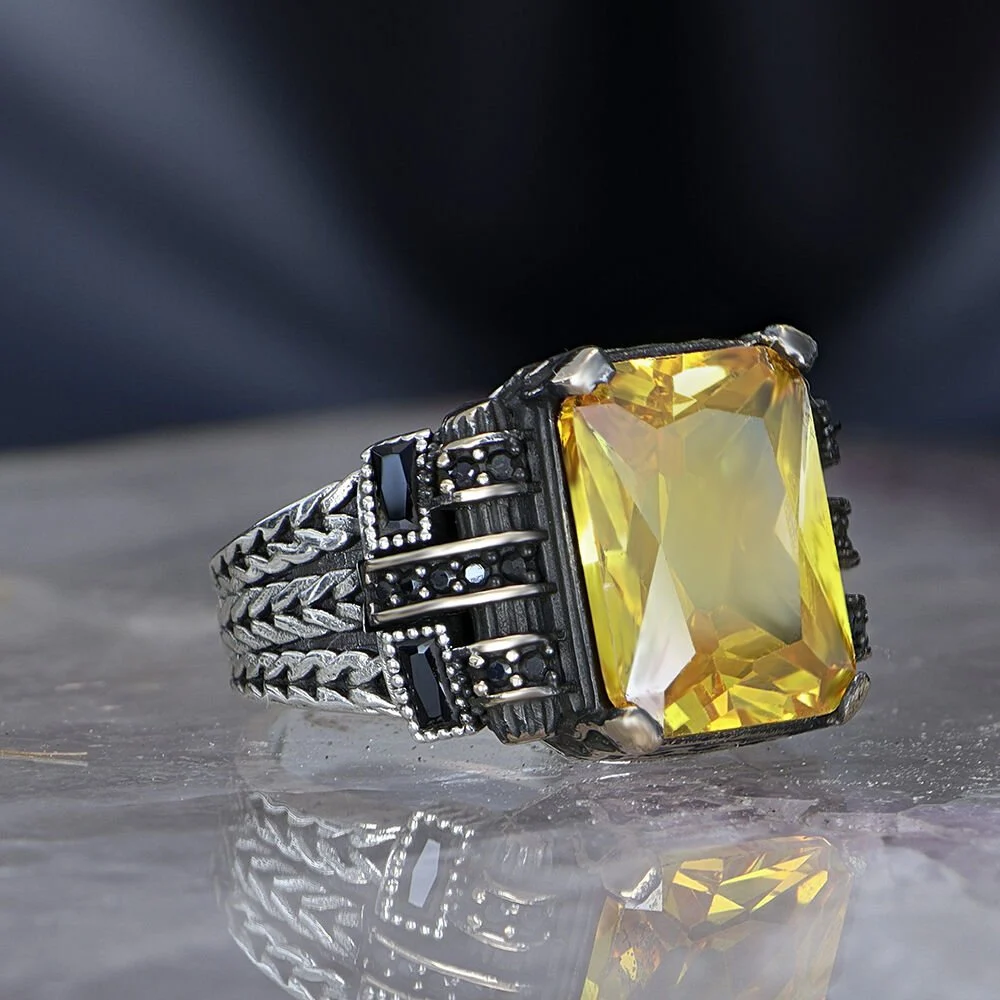 Men's sterling silver ring, 925 purity, with a yellow citrine stone