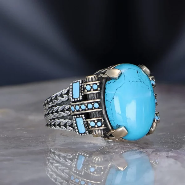 Men's 925 Sterling Silver Ring with Plain Blue Turquoise Stone