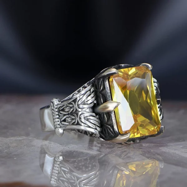 Men's 925 Silver Ring with Light Yellow Citrine Stone