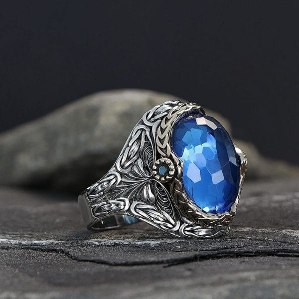 Men's 925 Silver Ring with King's Chain Design and Blue Topaz Stone