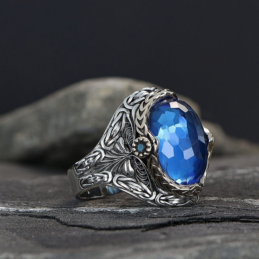 خاتم فضة 925 رجالي بتصميم سلسلة الملك بحجر التوباز الأزرق