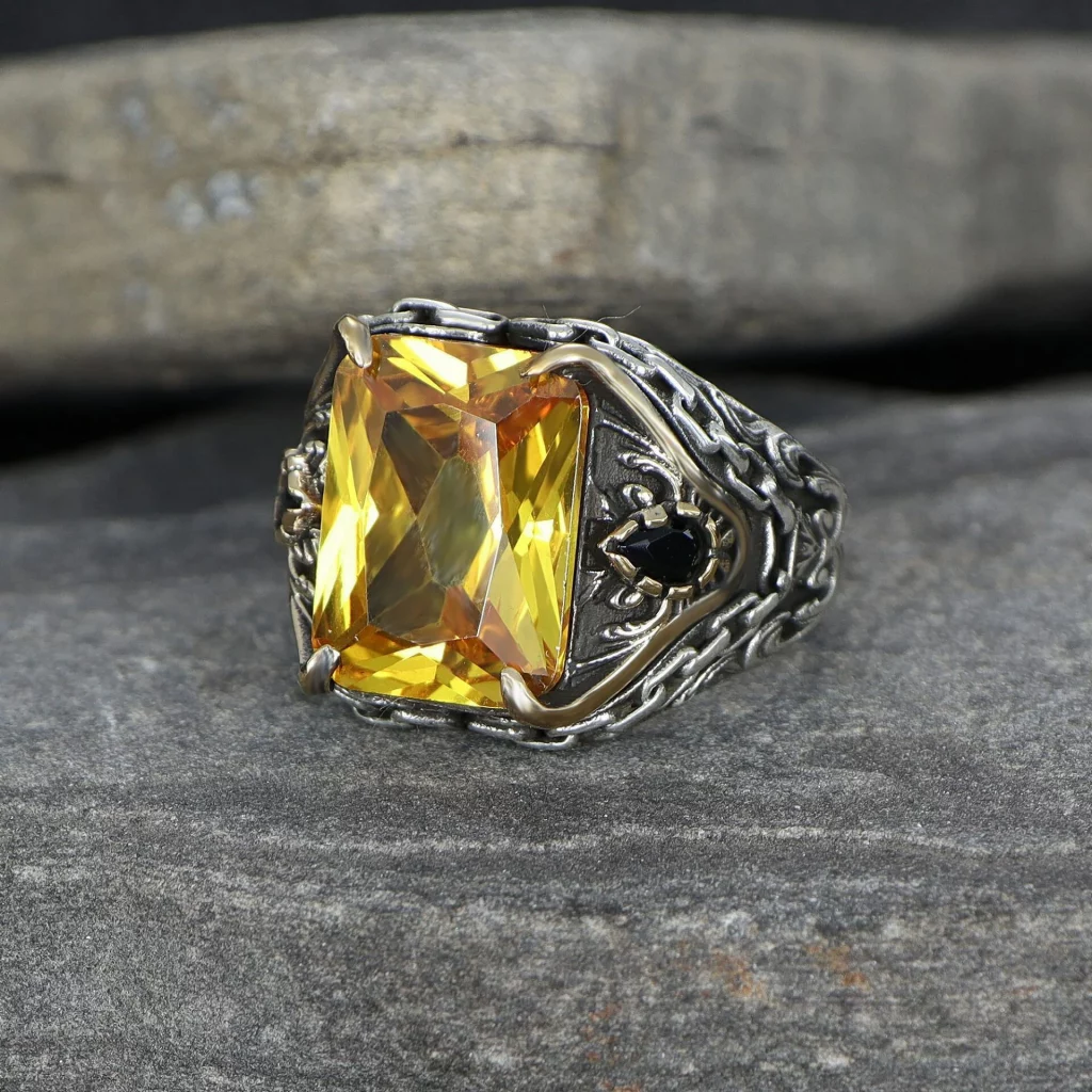 Men's 925 Silver Ring with Yellow Citrine Stone
