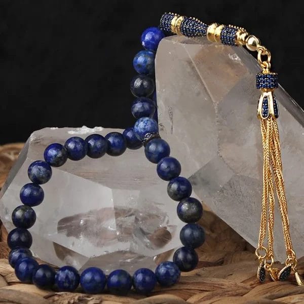 سبحة حجر اللازورد الأزرق مع شرابة مذهبة