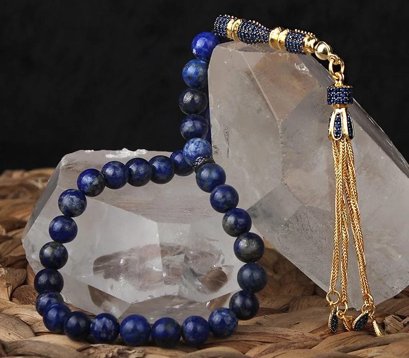 سبحة حجر اللازورد الأزرق مع شرابة مذهبة